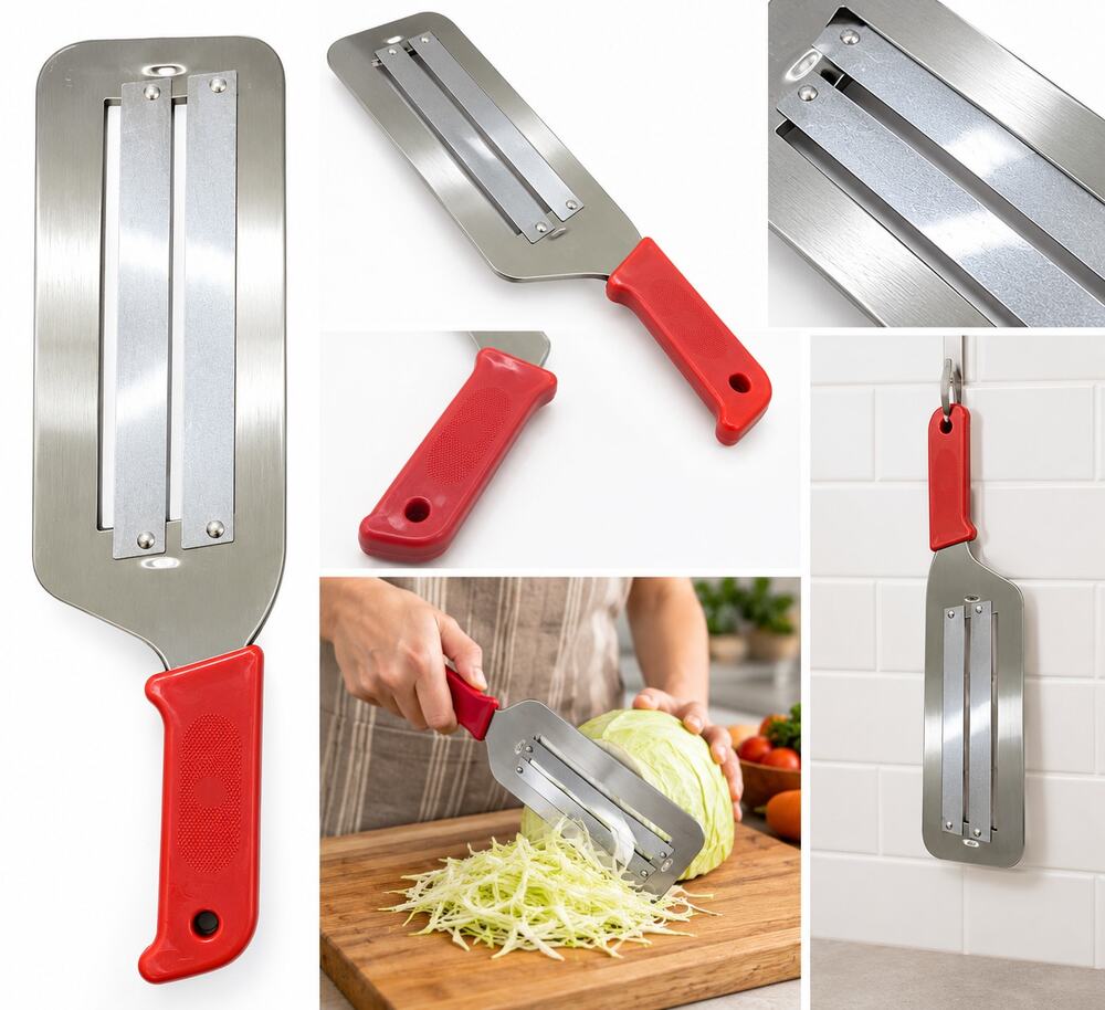 Stainless Steel Dual-Blade Vegetable Slicer with Red Handle